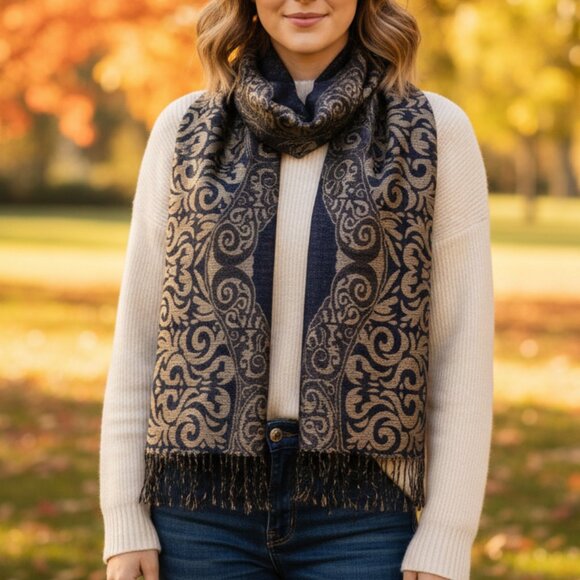 West Loop Navy & Gold Patterned Scarf - Picture 1 of 5